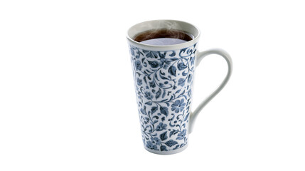 Isolated elegant ceramic mug with intricate blue floral pattern holding steaming hot tea