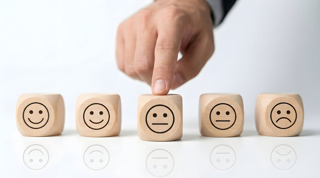 Customer Satisfaction Measurement Concept with Hand Touching Wooden Cubes on White