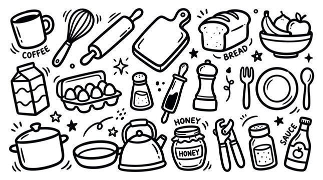 Hand-drawn black and white doodle style kitchen utensils and food items creating a charming cooking pattern on a clean background