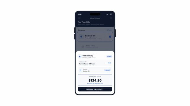 Utility bill payment flow mobile interface animation. 4K Video
