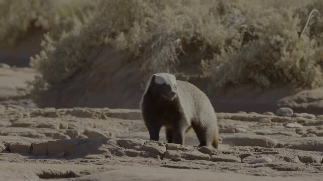 Wild anteater walking across a sandy riverbank in its natural habitat. Wildlife documentaries, nature education, and animal behavior research.