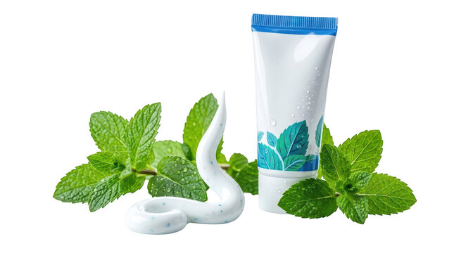 Mint toothpaste tube with fresh leaves isolated on transparent background