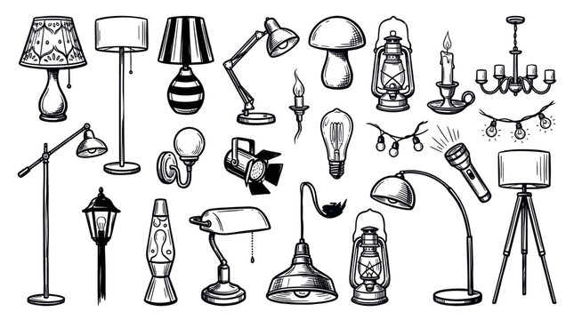 Various hand-drawn lighting fixtures and lamps, including floor lamps, desk lamps, and lanterns, in a detailed sketch style on a white background