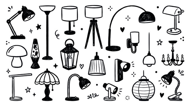 Diverse collection of hand-drawn lighting fixtures, including lamps, chandeliers, and lanterns, in a whimsical doodle style on a white background