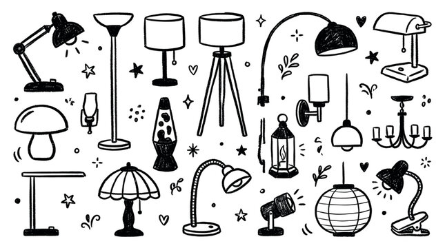 Diverse collection of hand-drawn lamps and lighting fixtures, featuring various styles and designs in a doodle art style