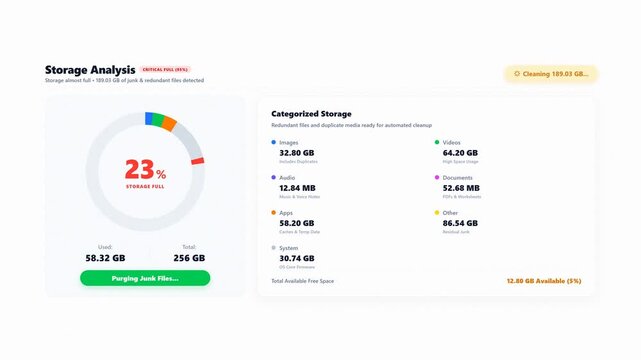 Storage analysis disk cleaner interface for data optimization. 4K Video