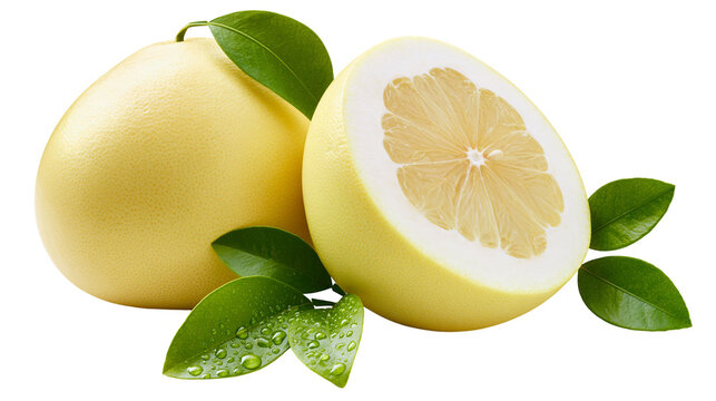 Isolated fresh pomelo fruits, one whole and one cut with green leaves and water drops