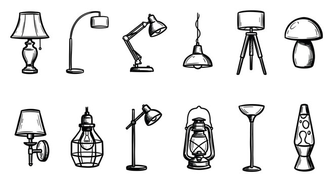 Diverse collection of hand-drawn lamps and lighting fixtures, featuring various styles from classic to modern, isolated on a clean white background