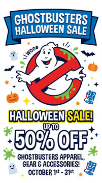 Cartoon ghost mascot icon for promotional holiday sale event featuring vibrant colors and bold typography