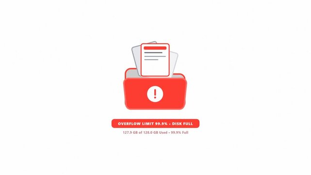 Storage limit overflow alert showing disk full in file folder animation. 4K Video