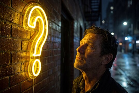 Man looks up at bright neon question mark on wet brick wall during rainy night