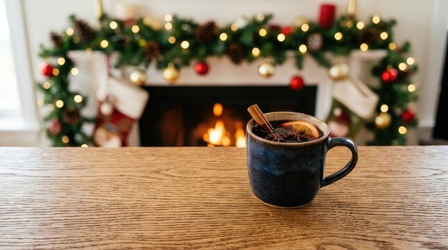 A natural wood grain tabletop fills the foreground while a festive fireplace with decorations, garland, and glowing lights blurs softly behind, garlands, warm, night