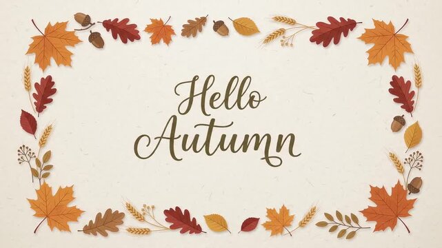 Autumn leaves frame animation revealing hello autumn text