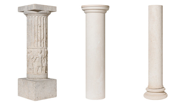 Isolated trio of decorative architectural stone columns showcasing ancient and classical styles