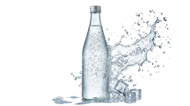 Glass bottle of sparkling water with ice isolated on transparent background