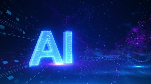 Glowing AI letters rise network of points digital particles. artificial intelligence, machine learning, automation, neural systems innovation reports, tech launches, data analysis future business .