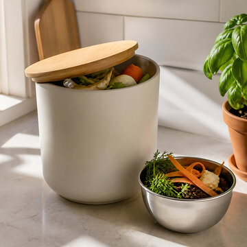 Kitchen compost bin with food scraps on a bright modern kitchen counter