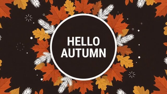 Hello Autumn text animation with colorful fall leaves background