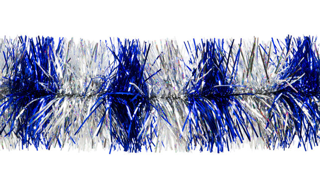 Isolated blue and silver metallic tinsel garland for festive holiday and party decoration.