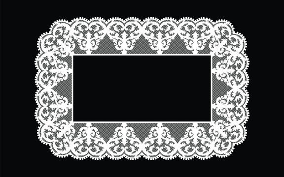 Vector lace doily frame styled with ornate mesh net and baroque openwork edge. Delicate hand drawn vintage rectangle doily border vector template for wedding invitation card design.
