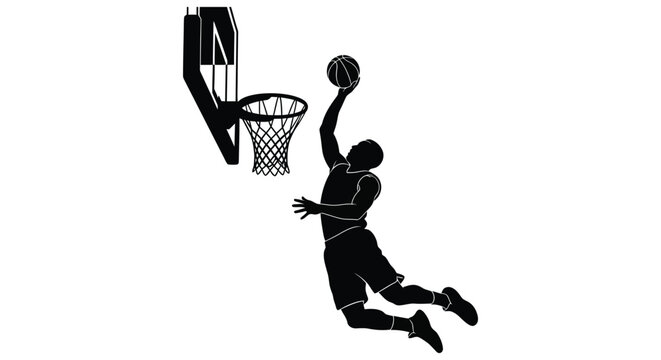 Basketball player dunking towards the hoop a dynamic black silhouette net sports