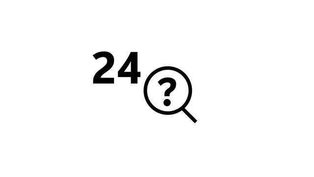 Black line icon featuring number twenty four and question mark inside circular magnifier.