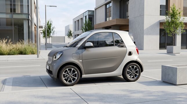 Small electric compact car parked on a modern city street