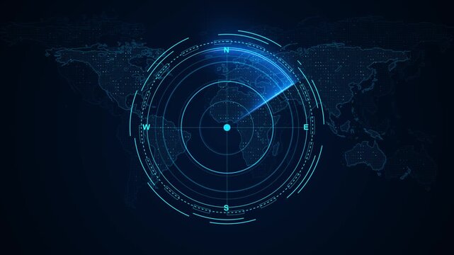 Cyan radar rings scan a world map compass direction detection beam. global surveillance, military interfaces, navigation systems, aviation tracking, cyber defense, security operations, geopolitical