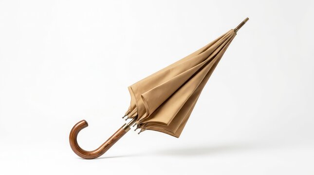 Studio photograph of a refined beige umbrella featuring an elegant curved wooden handle, resting isolated against a pure white background, natural wood, studio shot, canopy