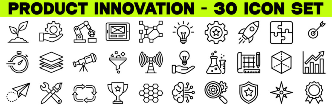 Product Innovation Solid Icon Set &ndash; Design Thinking, Prototype Model, Product Roadmap, User Feedback, Disruptive Tech, and Market Fit Vector Icons for Startups