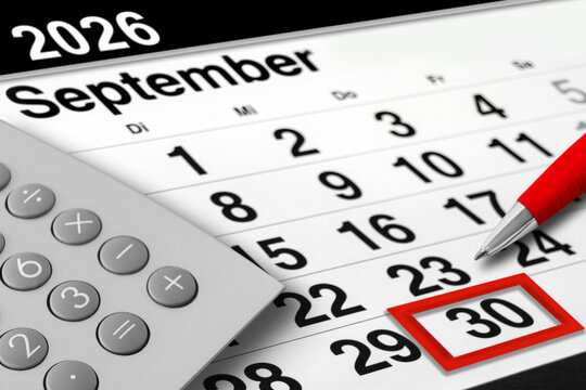 Deutscher Kalender Datum 30. September 2026 mit Rechner rot schwarz