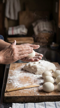 Close-up of experienced hands meticulously shaping fresh dough on a floured wooden board, preparing delicious homemade steamed buns or dumplings. This traditional culinary process evokes warmth, co...