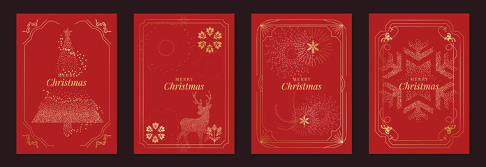 Merry Christmas and Happy New Year luxury vector card set with elegant gold line art, Christmas trees, gifts, ornaments and snowflakes on classic blue background.