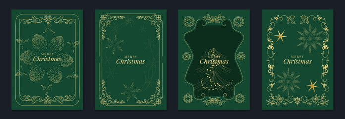 Obraz premium Merry Christmas and Happy New Year luxury vector card set with elegant gold line art, Christmas trees, gifts, ornaments and festive frames on dark green background.