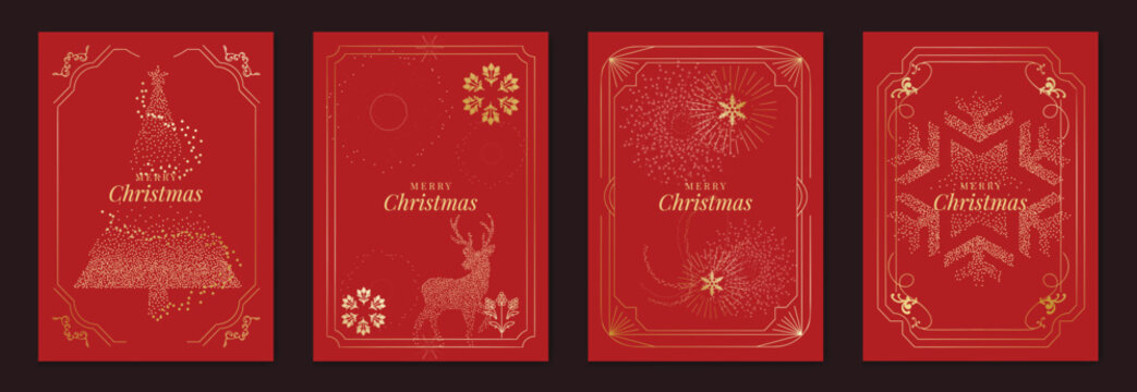 Merry Christmas and Happy New Year luxury vector card set with elegant gold line art, Christmas trees, gifts, ornaments and snowflakes on classic blue background.