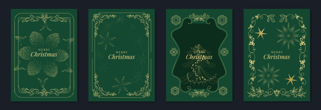 Merry Christmas and Happy New Year luxury vector card set with elegant gold line art, Christmas trees, gifts, ornaments and festive frames on dark green background.