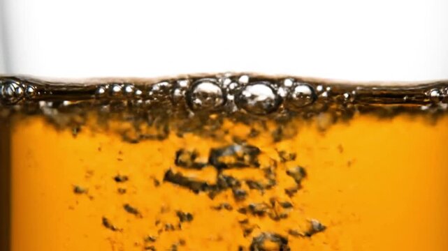 Macro shot of carbonated amber liquid with rising bubbles and a large sphere bubble at the surface, representing refreshing beverage like beer, cider, or tea in a glass against white background.