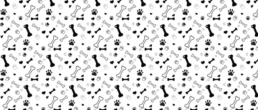 Pet paw print seamless pattern with bones and hearts cute animal background vector. 