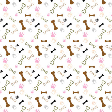 Seamless pattern of black , pink dog paw prints and  Light Brown , black bones with black outlines on a plain background. Pet-themed repeating design suitable for animal care backgrounds, wallpaper.
