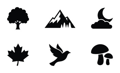 Fototapeta premium Nature Icons Set: Tree, Mountain, Moon, Leaf, Bird, Mushroom, Vector Graphics for Ecology and Outdoors