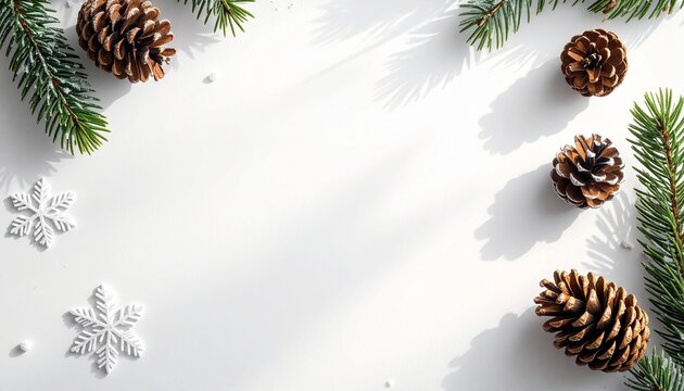 Minimal Christmas flat lay background with green fir tree branches, natural pine cones and white snowflake ornaments on a bright white surface with copy space for a holiday card or winter banner