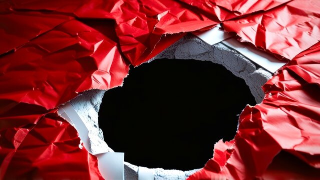 Red foil tears to reveal dark void inside