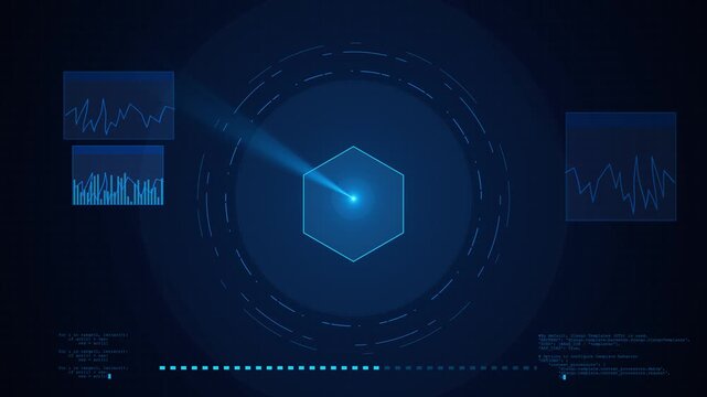 Bright blue hexagon rotating HUD circular segments, charts, graphs, code, grid details. data analytics, cyber security, artificial intelligence, finance dashboards, software interfaces, 19