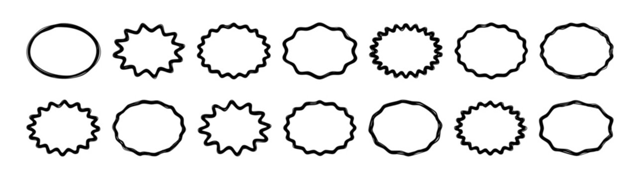 Frame oval line scallop, circle border lace curve. Badge wiggle shape, stamp draw edge. Text box squiggle icon, retro doodle simple design sticker set isolated on white background. Vector illustration