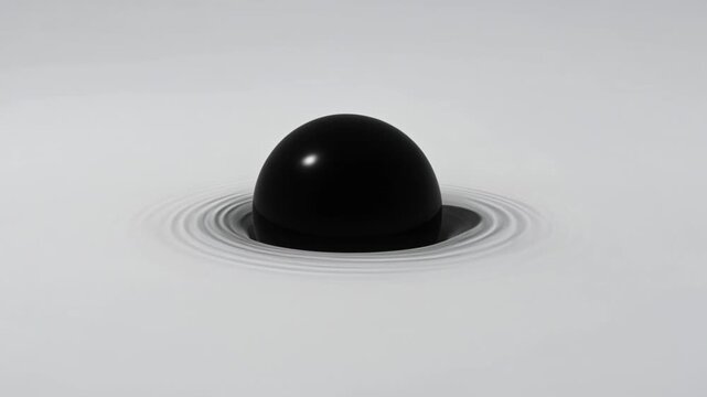 Abstract video animation of a glossy black sphere partially submerged in pale liquid while smooth concentric ripples spread outward.