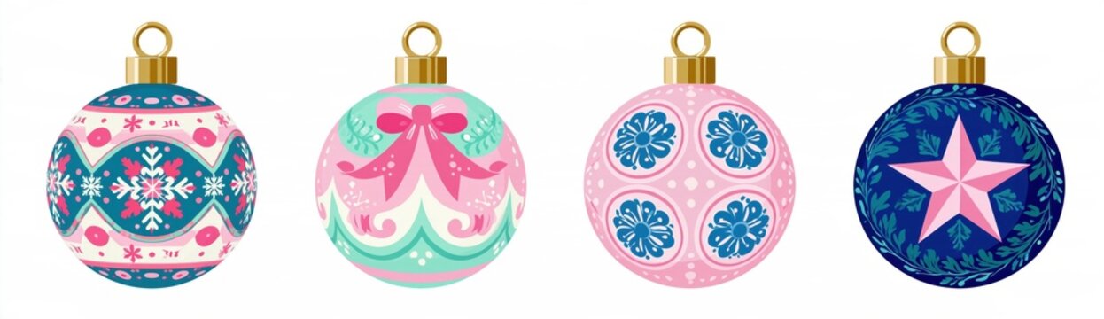 Set of Four Isolated Folk Art Christmas Bauble Ornaments with Colorful Folkloric Patterns