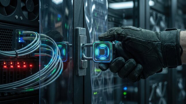 Cybersecurity engineer securing server rack with glowing padlock module, fiber optics, and shield reflection