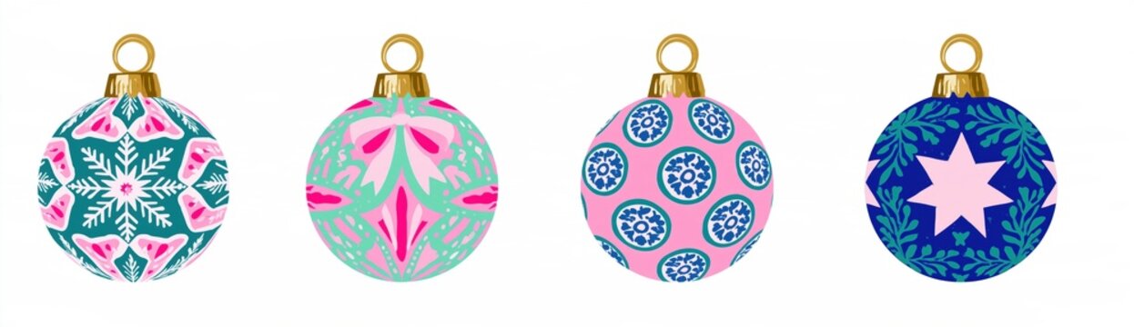 Set of Four Isolated Folk Art Christmas Bauble Ornaments with Colorful Folkloric Patterns