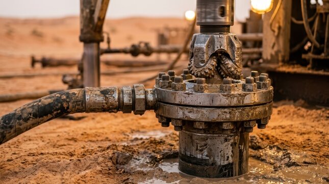 Close-up of drilling equipment showing a rotary drill bit, wellhead flange, steel casing and mud hose against desert sand tones.