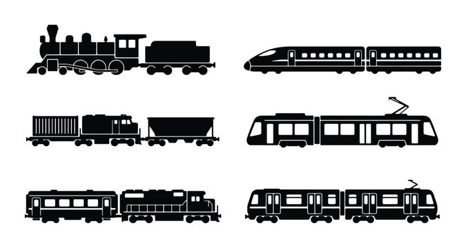 Diverse Train Collection Vector Icons: Steam Engine, Freight, High-Speed Rail, Tram, Subway, Passenger Trains